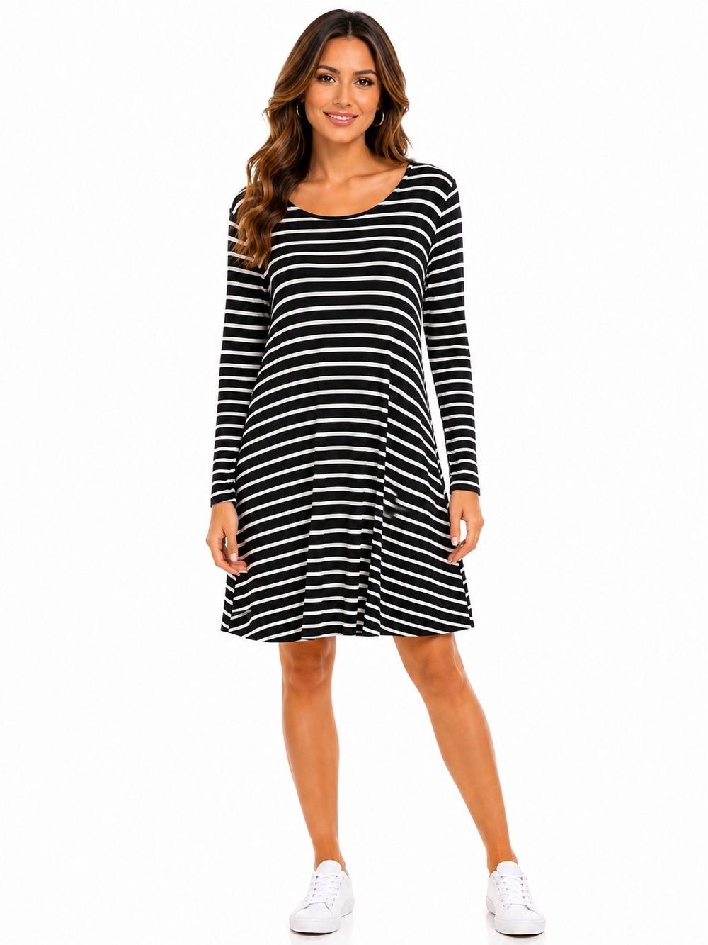 Old Navy Black and White Striped Long-Sleeve Swing Dress